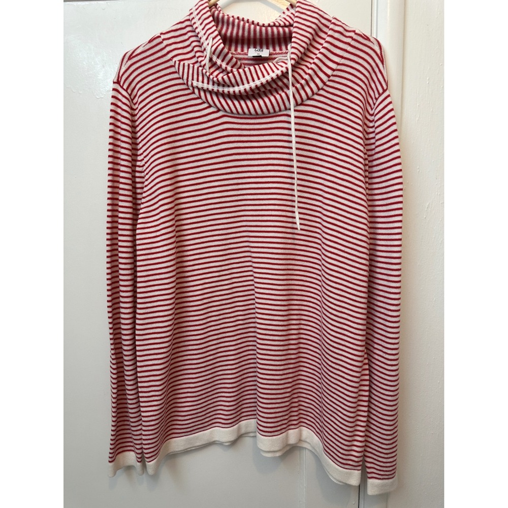 Cabi Striped Cowl Neck Sweater Red White Drawstring Knit Top 6447 XL